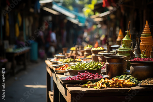 Fototapeta Naklejka Na Ścianę i Meble -  A vibrant street market with colorful stalls, showcasing the diversity of small businesses and local entrepreneurship. Generative Ai.