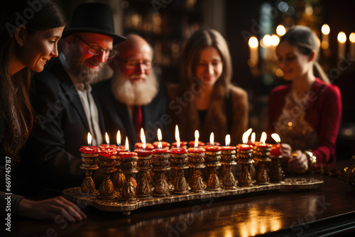 A group of people gathered around a traditional Hanukkah menorah, marking the eight nights of the Festival of Lights. Generative Ai.