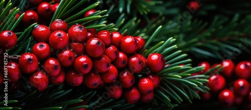Close up of a red berry adorned green fir Christmas tree © AkuAku