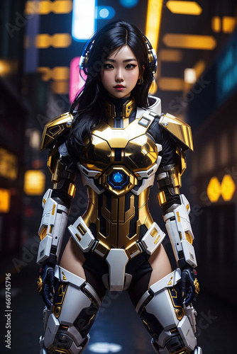 cyberpunk girl future tech  white gold suit