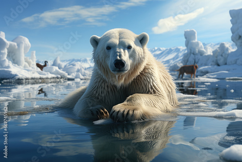 A polar bear stranded on a rapidly melting ice floe, illustrating the urgent issue of disappearing Arctic ice. Concept of climate change and endangered species. Generative Ai. photo