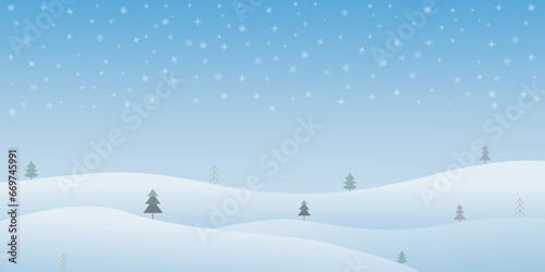 Winter nature background with snowy hills and pine trees at day, snowfall, copy space, vector