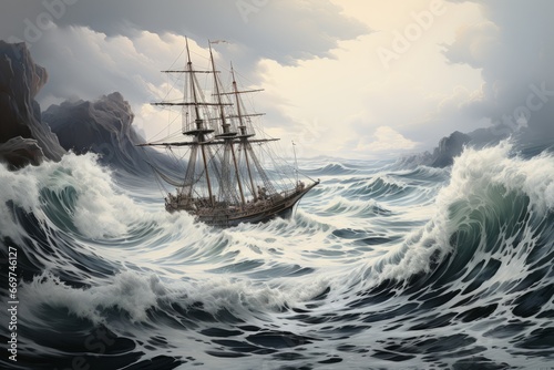 epic beautiful oil painting of a water-level view of turbulent swells of a violent ocean storm,