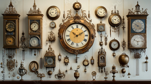 A white wall adorned with a collection of antique clocks photo