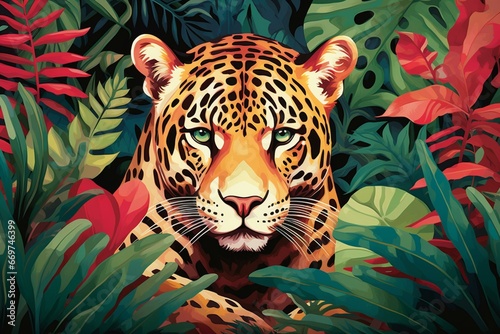 Illustration of a leopard in a lush jungle with vibrant exotic plants. Generative AI