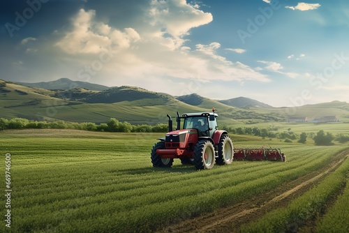 The tractor is driving through a green field, cultivating the land against the background of the sky and the landscape with mountains. Agricultural machinery in the field. Farmer's land. photo