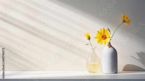 A white, textured wall, with a subtle pattern of swirls and lines, and a single, yellow flower in a glass vase