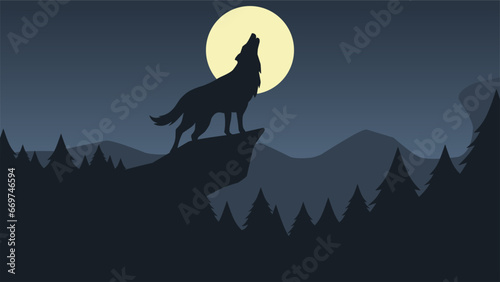 Wildlife wolf in the night landscape vector illustration. Silhouette of wolf howling at night full moon. Wildlife landscape for background, wallpaper or landing page