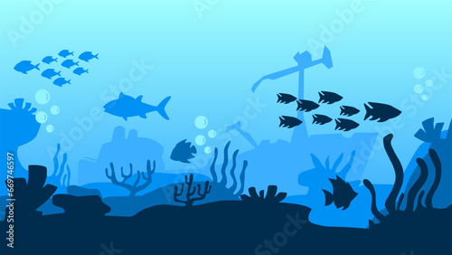 Underwater landscape vector illustration. Bottom sea landscape with fish, coral reef and shipwreck. Sea world silhouette for background, wallpaper or landing page. Deep sea landscape vector background