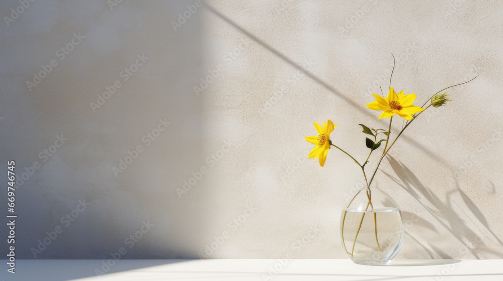 A white, textured wall, with a subtle pattern of swirls and lines, and a single, yellow flower in a glass vase - obrazy, fototapety, plakaty 