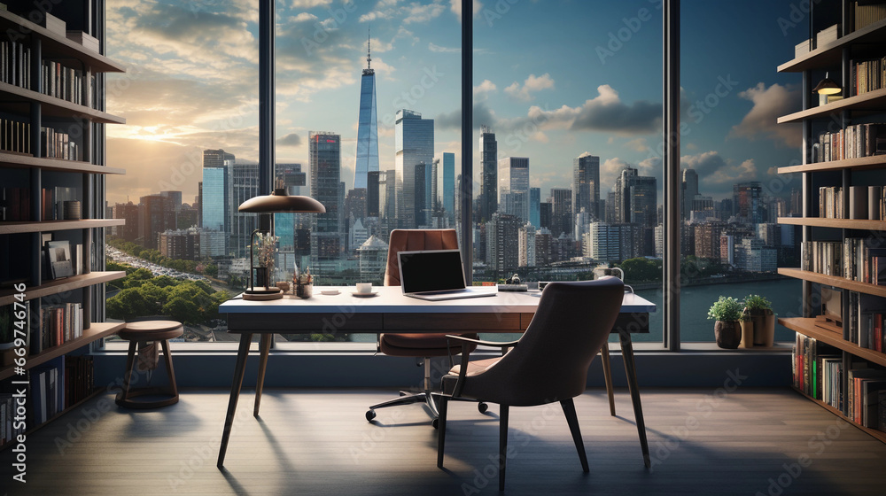 A modern office workspace with a minimalist desk, ergonomic chair, and large windows offering a cityscape view