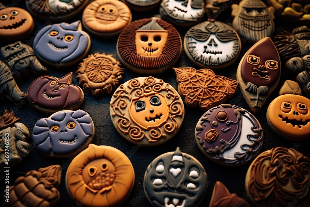 Delight in a playful array of cookies featuring cats, spiders, devils, ghosts, and candy. Creatively framed with a unique touch, these treats wear colorful costumes. Delight in a playful array of cookies featuring cats, spiders, devils, ghosts, and candy. Creatively framed with a unique touch, these treats wear colorful costumes.