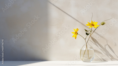 A white, textured wall, with a subtle pattern of swirls and lines, and a single, yellow flower in a glass vase #669746745