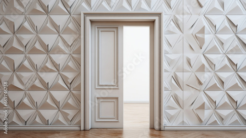 A white, textured door, with a bold, geometric pattern of triangles and squares  photo