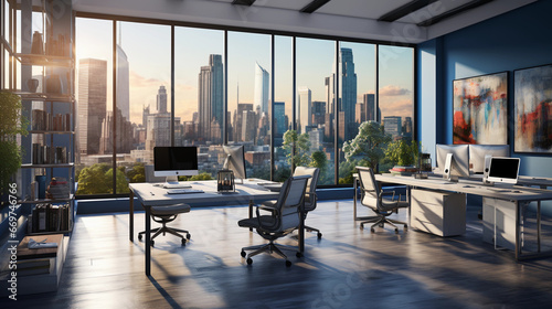 A modern office workspace with a minimalist desk, ergonomic chair, and large windows offering a cityscape view