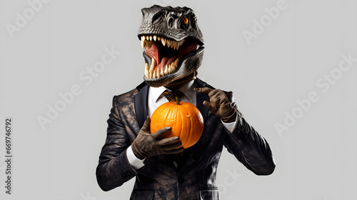 Abstract Halloween party concept. Portrait of dinosaur with autumn orange pumpkin on grey background. 