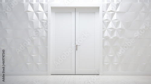 A white, textured door, with a bold, geometric pattern of triangles and squares  photo