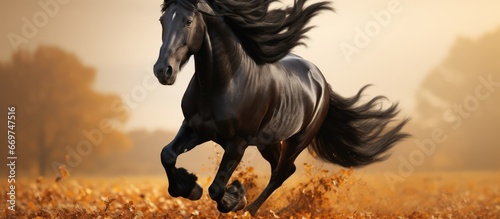 Autumn scene featuring a running black Friesian horse