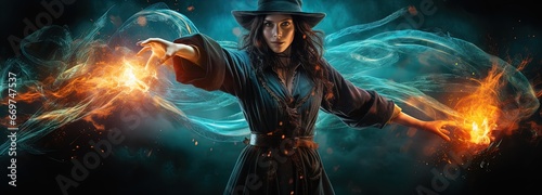 Spellbinding Witch with Fiery Book: Bokeh Magic in Dark Turquoise and Orange © Alex