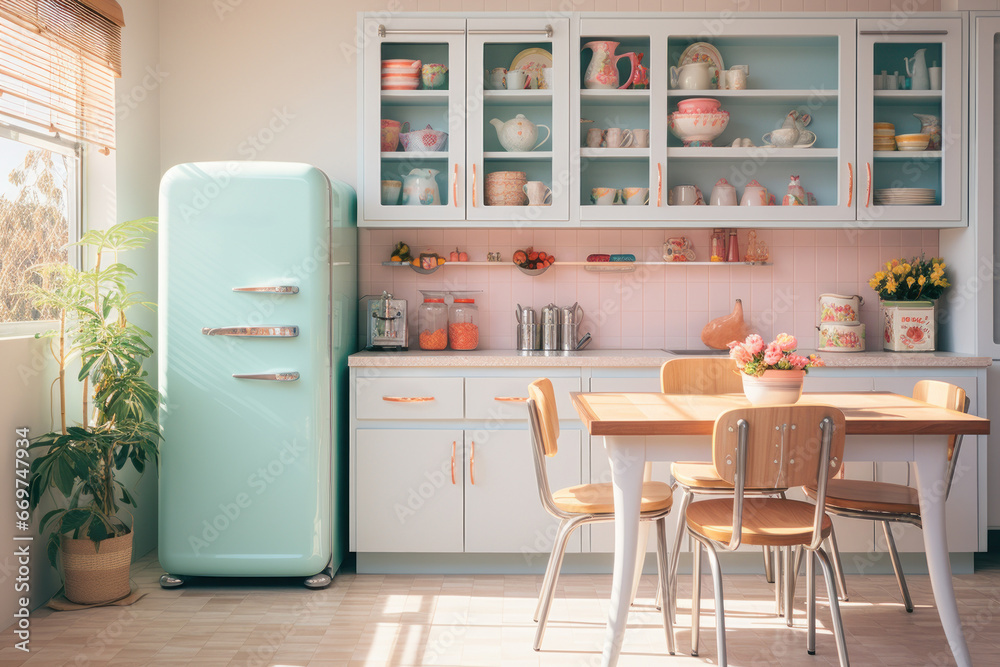 A retro kitchen with pastel-colored appliances and chrome accents, reminiscent of 1950s homemaking. Generative Ai. A retro kitchen with pastel-colored appliances and chrome accents, reminiscent of 1950s homemaking. Generative Ai.