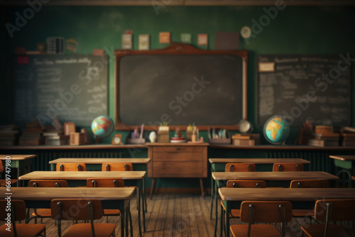 A retro classroom with wooden desks and chalkboards, reflecting the education system of a different time. Generative Ai.