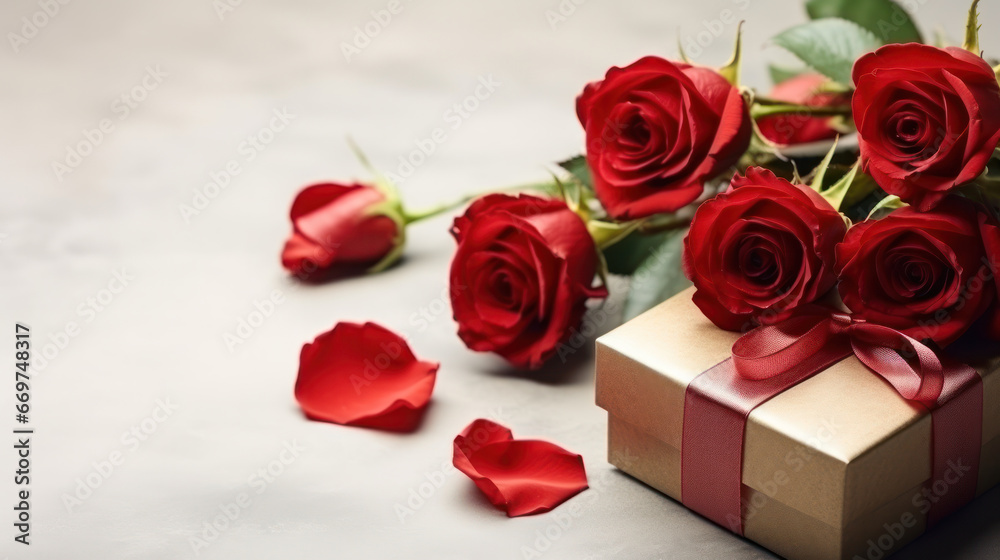 Fototapeta premium Bouquet of red roses with present box, Romantic Happy Valentine Day background, Anniversary, Wedding, Proposal. Copy space for text. Generative AI