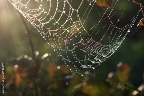 Sparkling dewdrops on a spider web in morning sunlight. Generative AI © Solana