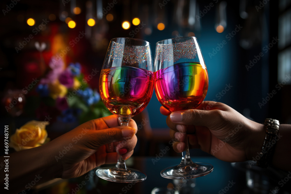 A same-sex couple raising a toast to their love and future together. Generative Ai.