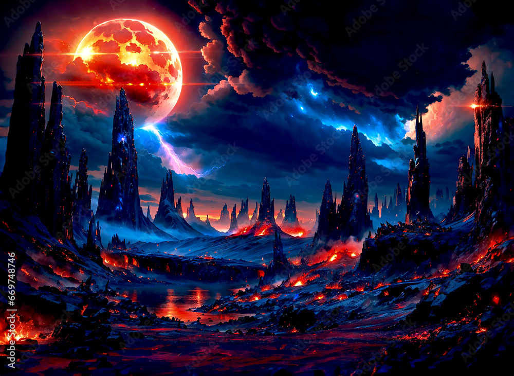 Alien vulcano world with dark lava river pyroclastic mountain rage rocks evil planet with eyes