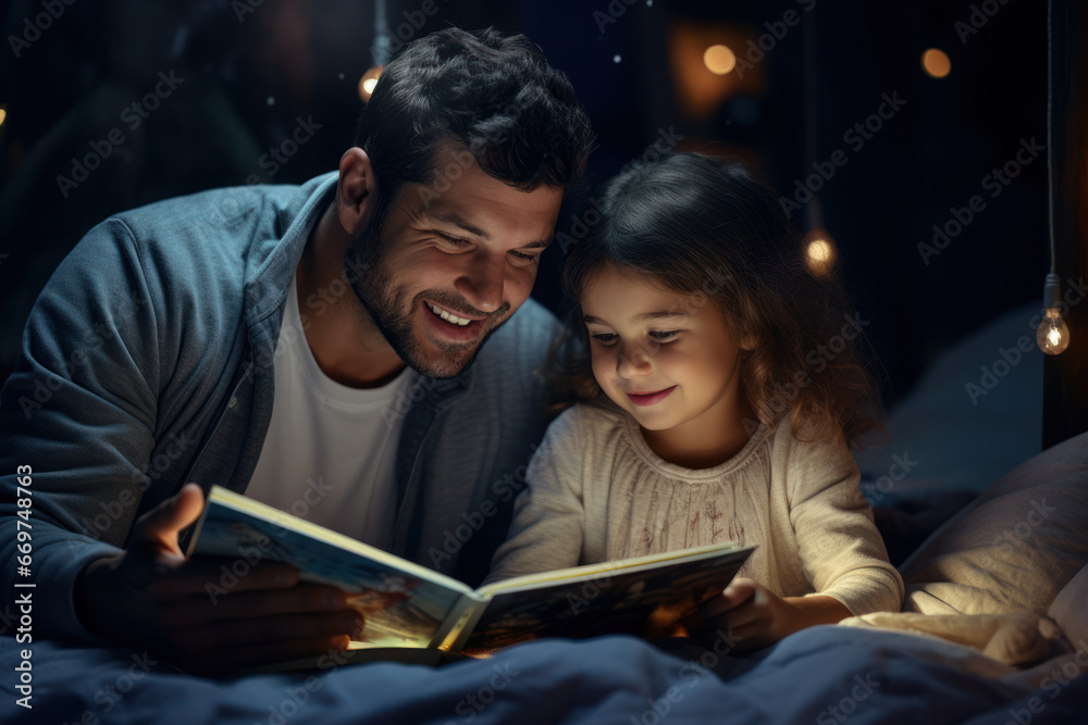 A parent reading a bedtime story to their child, nurturing a love for reading. Generative Ai. A parent reading a bedtime story to their child, nurturing a love for reading. Generative Ai.