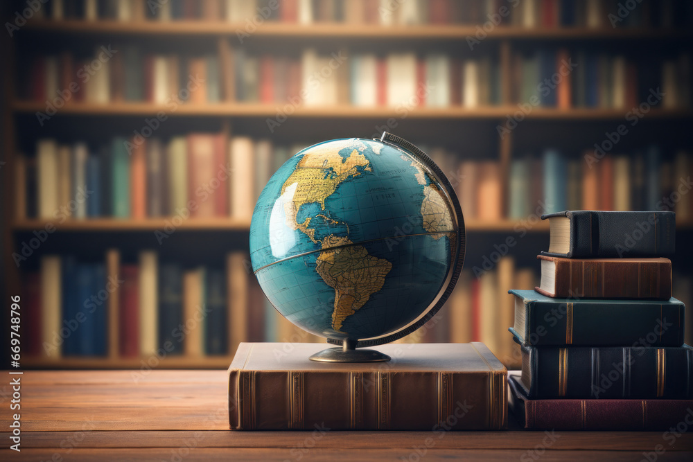 An illustration of a world globe with books symbolizing the universal need for literacy. Generative Ai.