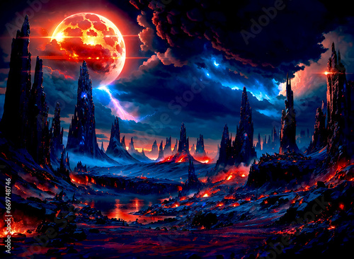 Alien vulcano world with dark lava river pyroclastic mountain rage rocks evil planet with eyes © Davinia