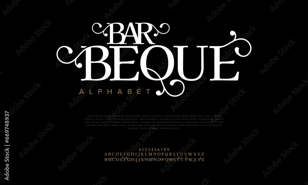 Barbeque premium luxury elegant alphabet letters and numbers. Elegant wedding typography classic serif font decorative vintage retro. Creative vector illustration Barbeque premium luxury elegant alphabet letters and numbers. Elegant wedding typography classic serif font decorative vintage retro. Creative vector illustration