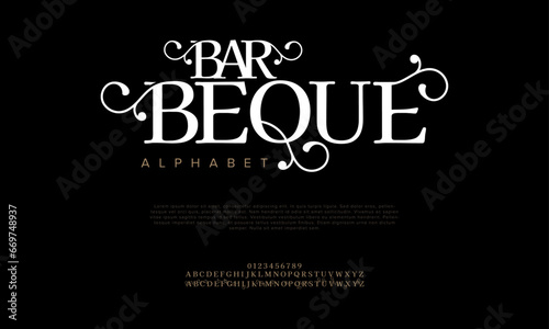 Barbeque premium luxury elegant alphabet letters and numbers. Elegant wedding typography classic serif font decorative vintage retro. Creative vector illustration