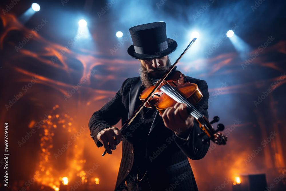Fototapeta premium A musician passionately playing a violin on a grand stage, capturing the beauty of live music. Generative Ai.