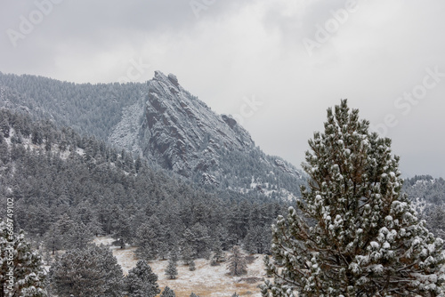 Boulder Colorado Winter Landscape, Flatirons, Snow Covered Mountain Range