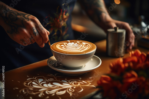 A skilled barista crafting a beautifully detailed latte art design, demonstrating mastery in coffee preparation. Generative Ai.