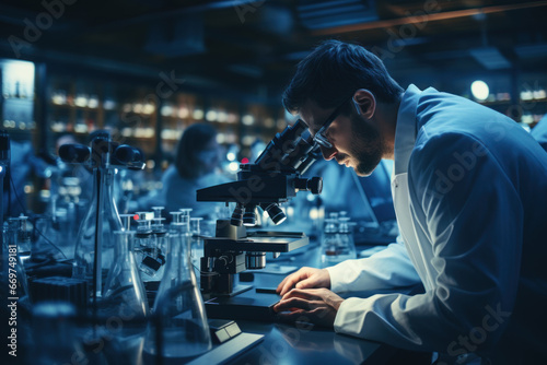 A scientist peering through a microscope, conducting groundbreaking research in a laboratory. Generative Ai.