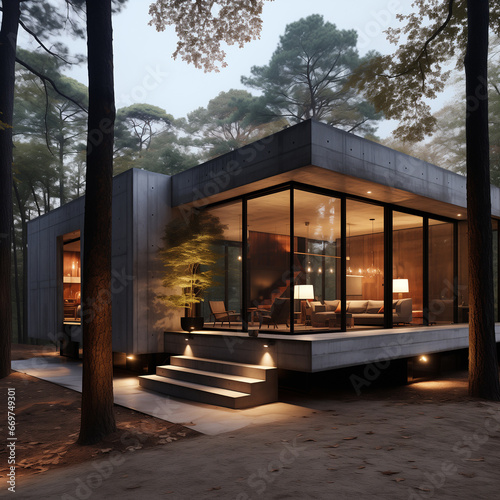 Modern two-story concrete residence with glass windows in the forest
