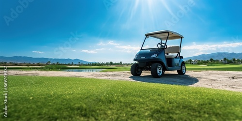 Golf cart on a resort golf course with green grass field and blue sky background, copy space sport banner background photo