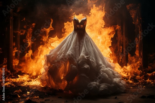 Burning wedding dress in the flames of the fire. Background with selective focus and copy space