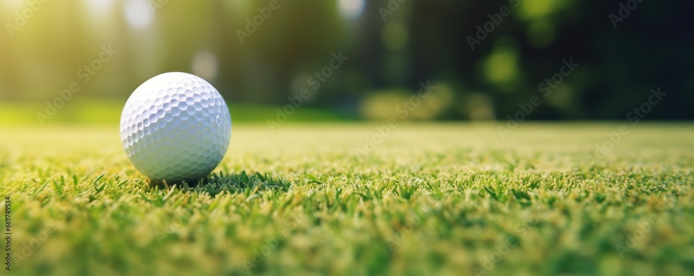 Close up golf ball on a green grass soft focus at sunlight, sporty banner background, copy space, golf club concept Close up golf ball on a green grass soft focus at sunlight, sporty banner background, copy space, golf club concept