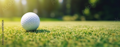 Close up golf ball on a green grass soft focus at sunlight, sporty banner background, copy space, golf club concept