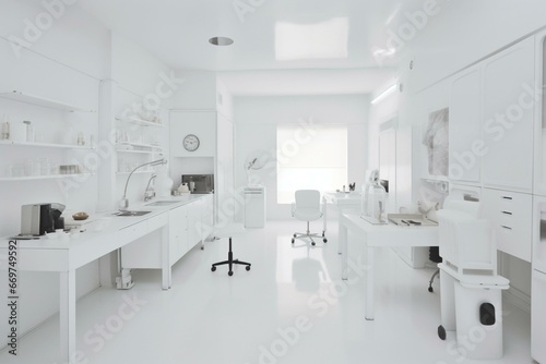 A clean room unified in white. Generative AI