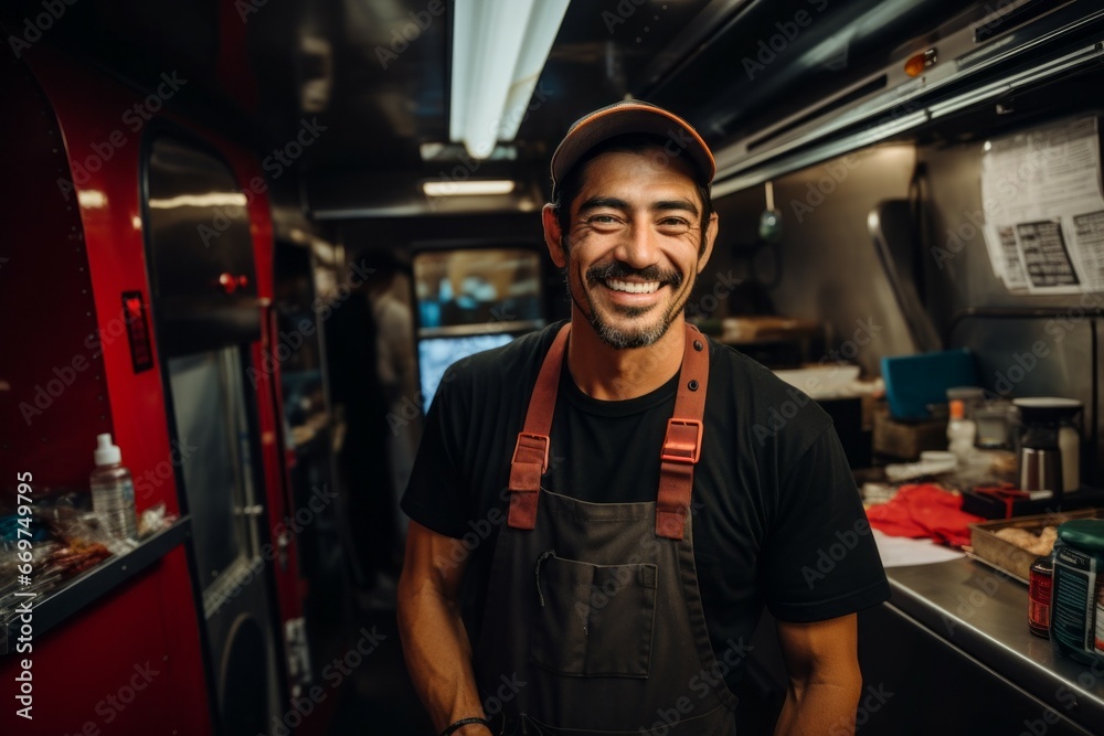 The man is the owner of a fast food truck. Top profession concept. Portrait with selective focus and copy space
