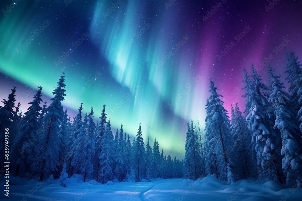 Enchanting winter scene with snowy pine forest illuminated by mesmerizing aurora borealis. Generative AI