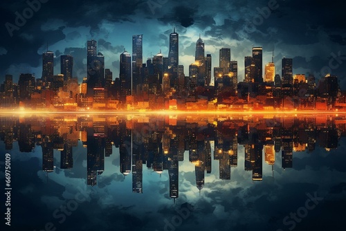 Urban landscape reflected in water during nightfall. Generative AI