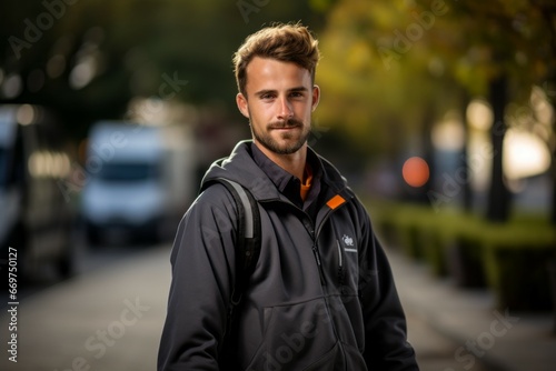 A man walks around the city. Portrait with selective focus and copy space