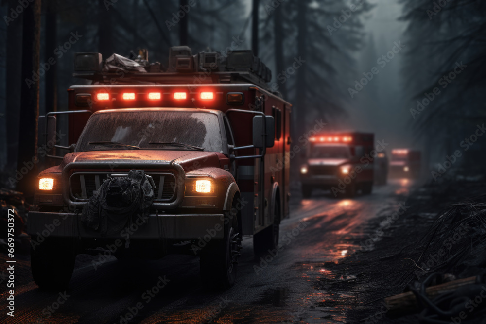 A medical convoy transporting critical supplies to areas hit hardest by a pandemic. Generative Ai.