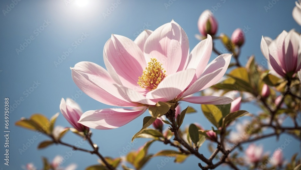 Obraz premium The Timeless Beauty of a Blossoming Magnolia Flower with the Sun in background